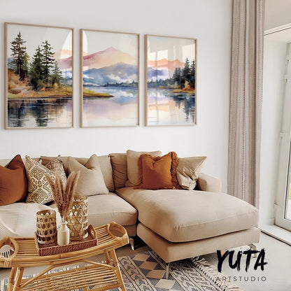 Pastel mountain wall art set of 3 print. Modern nature wall decor, forest lake landscape painting posters, eclectic gallery wall set