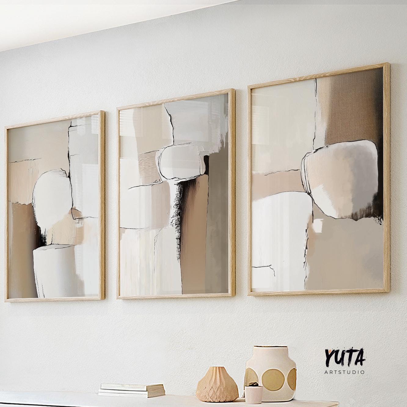 Neutral Abstract Painting Set of 3 Pieces. Modern Earth Tone Wall Art, Textured Neutral Art, Modern Nordic Beige Brown Minimalist Art