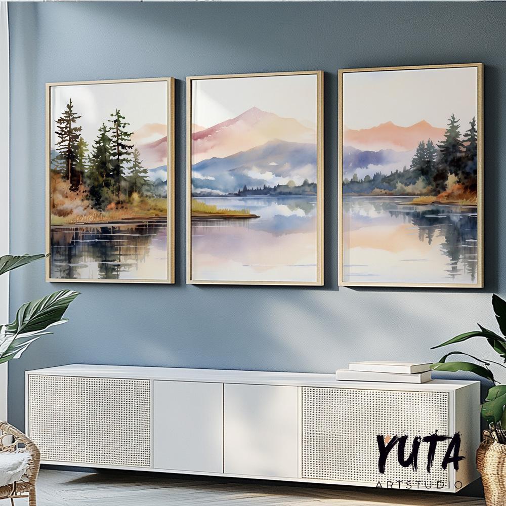 Pastel mountain wall art set of 3 print. Modern nature wall decor, forest lake landscape painting posters, eclectic gallery wall set