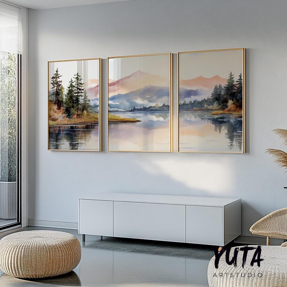 Pastel mountain wall art set of 3 print. Modern nature wall decor, forest lake landscape painting posters, eclectic gallery wall set