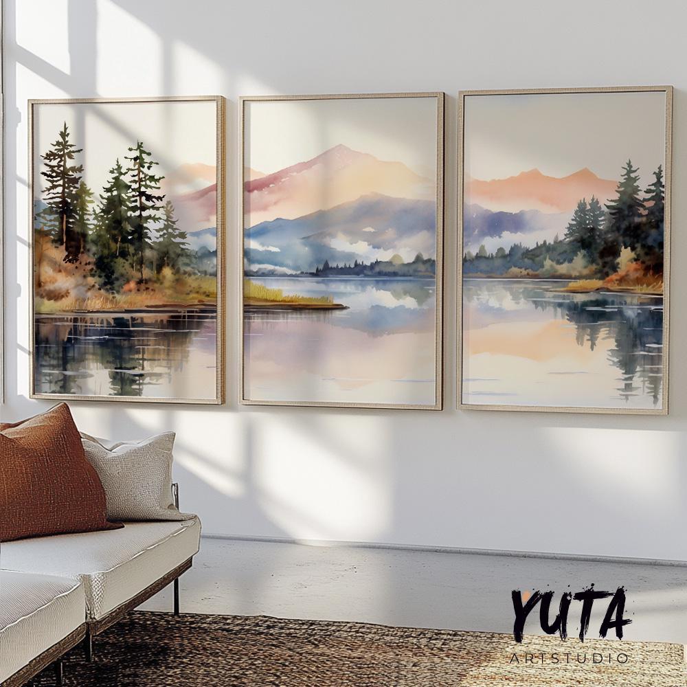 Pastel mountain wall art set of 3 print. Modern nature wall decor, forest lake landscape painting posters, eclectic gallery wall set