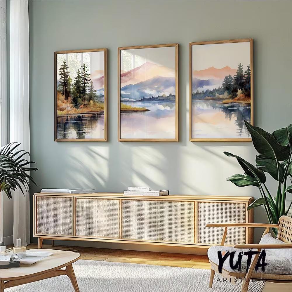Pastel mountain wall art set of 3 print. Modern nature wall decor, forest lake landscape painting posters, eclectic gallery wall set