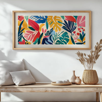 Framed abstract tropical leaf print in Matisse style displayed above a wooden bench