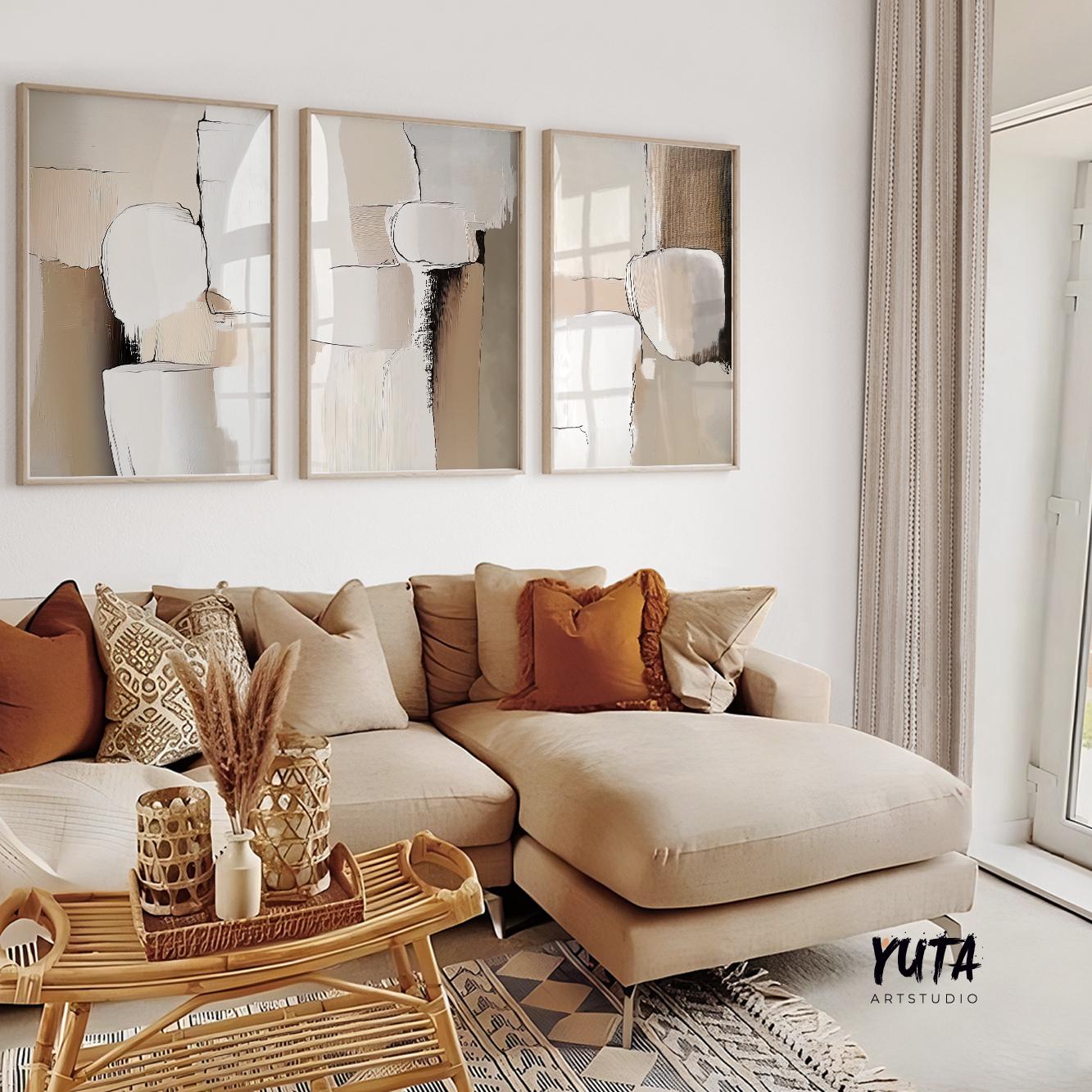 Neutral Abstract Painting Set of 3 Pieces. Modern Earth Tone Wall Art, Textured Neutral Art, Modern Nordic Beige Brown Minimalist Art