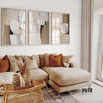 Neutral Abstract Painting Set of 3 Pieces. Modern Earth Tone Wall Art, Textured Neutral Art, Modern Nordic Beige Brown Minimalist Art