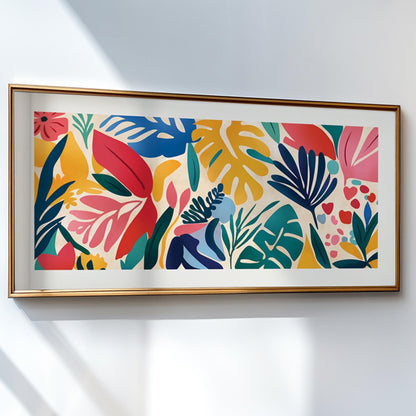 Panoramic framed abstract botanical artwork with colorful leaf forms in Matisse style