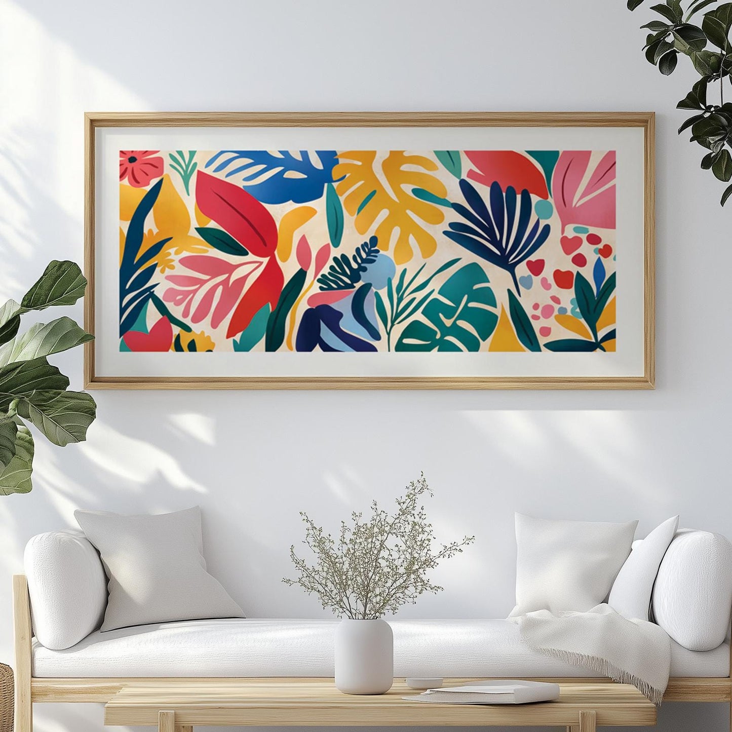 Panoramic abstract botanical print in a light wood frame displayed above a bench