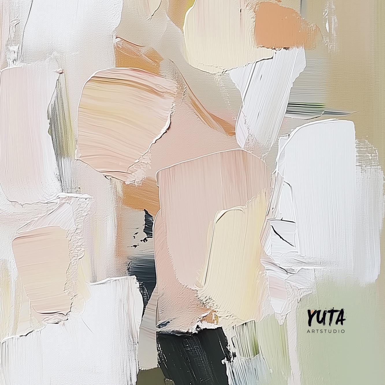 Abstract pastel brush strokes in pink, beige, and cream, unframed print with visible texture.