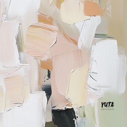 Abstract pastel brush strokes in pink, beige, and cream, unframed print with visible texture.