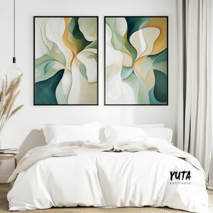 Emerald Green Beige Abstract Wall Art Set of 2 Pieces, Modern Shapes Wall Art, Earth Colors Art, Modern Brush Stroke Abstract Art