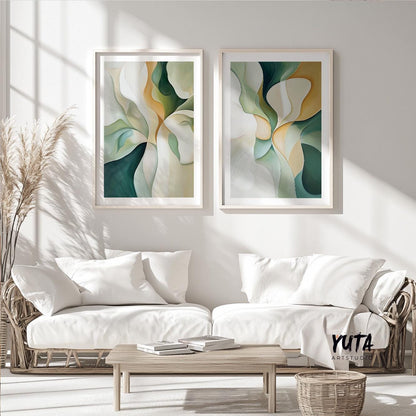 Emerald Green Beige Abstract Wall Art Set of 2 Pieces, Modern Shapes Wall Art, Earth Colors Art, Modern Brush Stroke Abstract Art