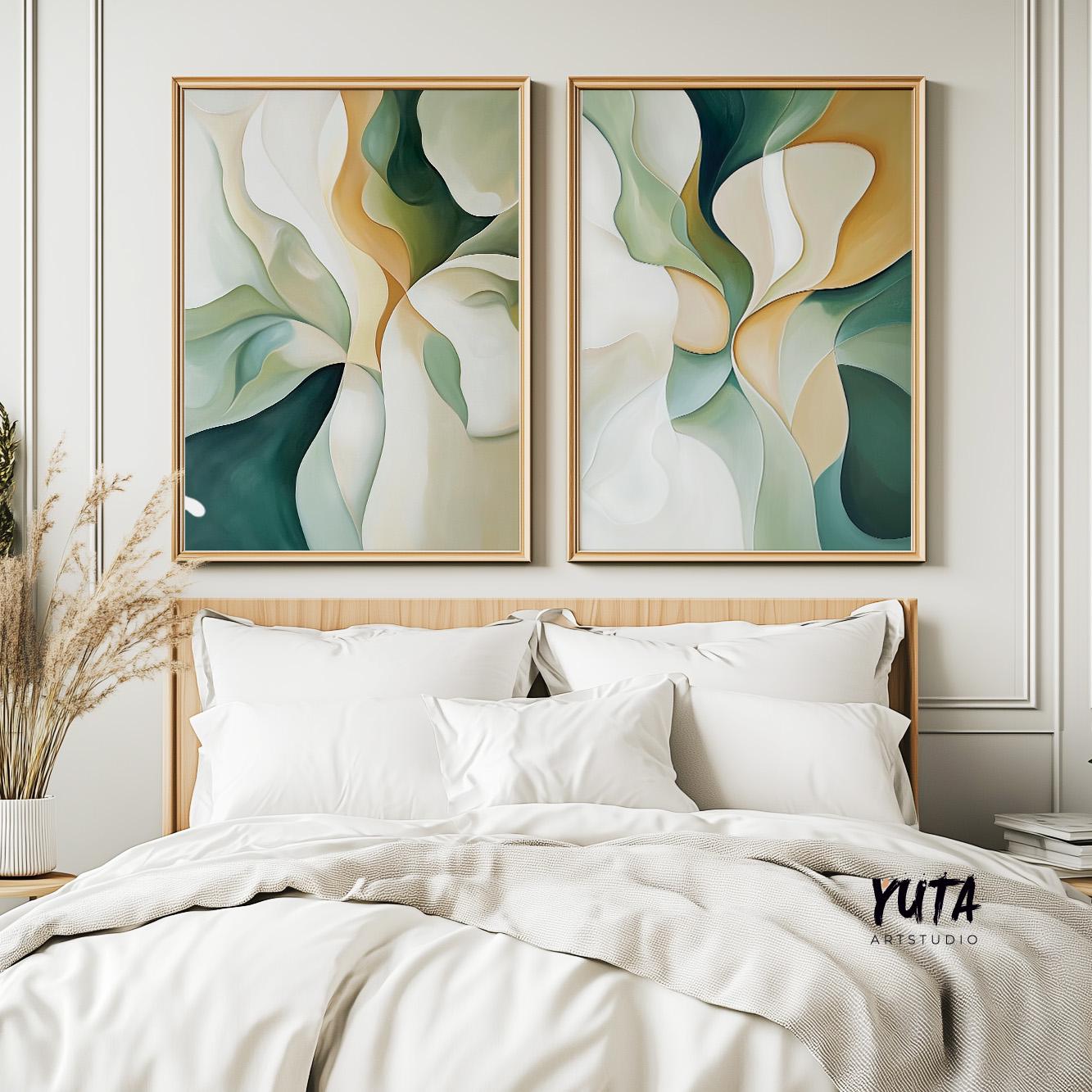 Emerald Green Beige Abstract Wall Art Set of 2 Pieces, Modern Shapes Wall Art, Earth Colors Art, Modern Brush Stroke Abstract Art