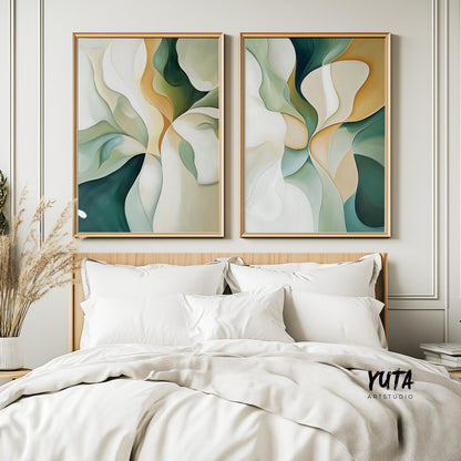 Emerald Green Beige Abstract Wall Art Set of 2 Pieces, Modern Shapes Wall Art, Earth Colors Art, Modern Brush Stroke Abstract Art