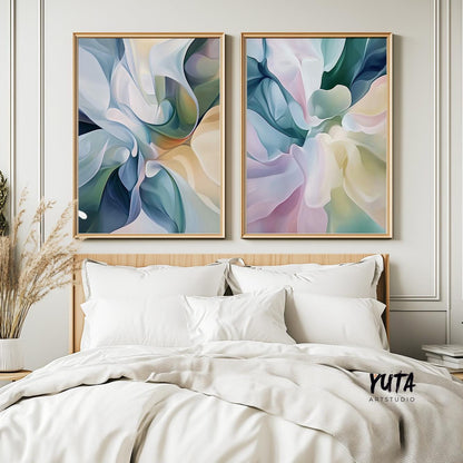 Pink Blue Abstract Wall Art Set of 2 Prints, Modern Abstract Poster, Pastel Nordic Prints, Brush Stroke Shapes Wall Art, Japandi Wall Art