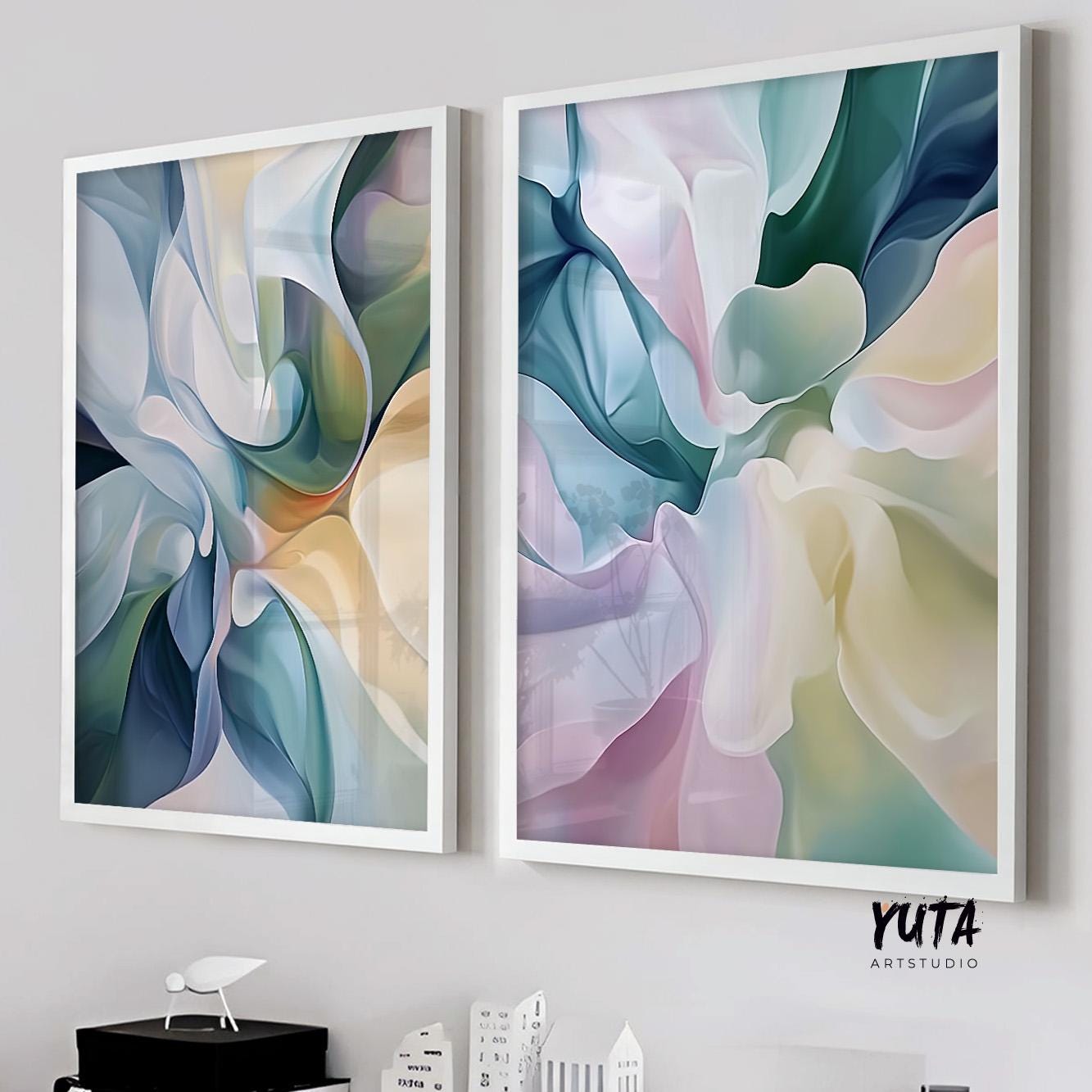 Pink Blue Abstract Wall Art Set of 2 Prints, Modern Abstract Poster, Pastel Nordic Prints, Brush Stroke Shapes Wall Art, Japandi Wall Art