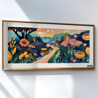 Whimsical botanical landscape print in gold frame shown in narrow panoramic sizing