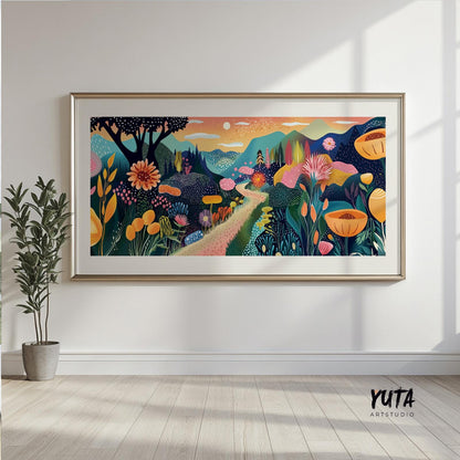 Framed colorful botanical landscape print centered above a minimalist sofa setting