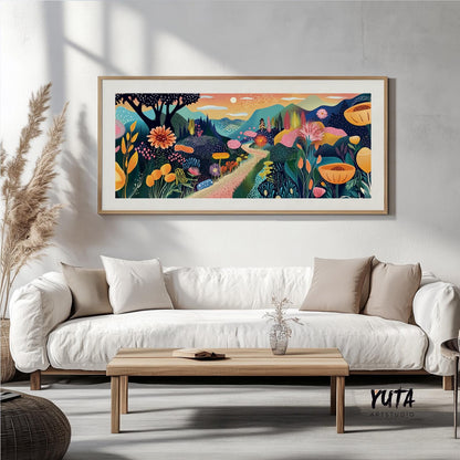 Vibrant botanical landscape artwork in a light wood frame displayed above a white sofa