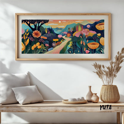 Framed whimsical botanical landscape art above a bench, styled with ceramics and dried grass