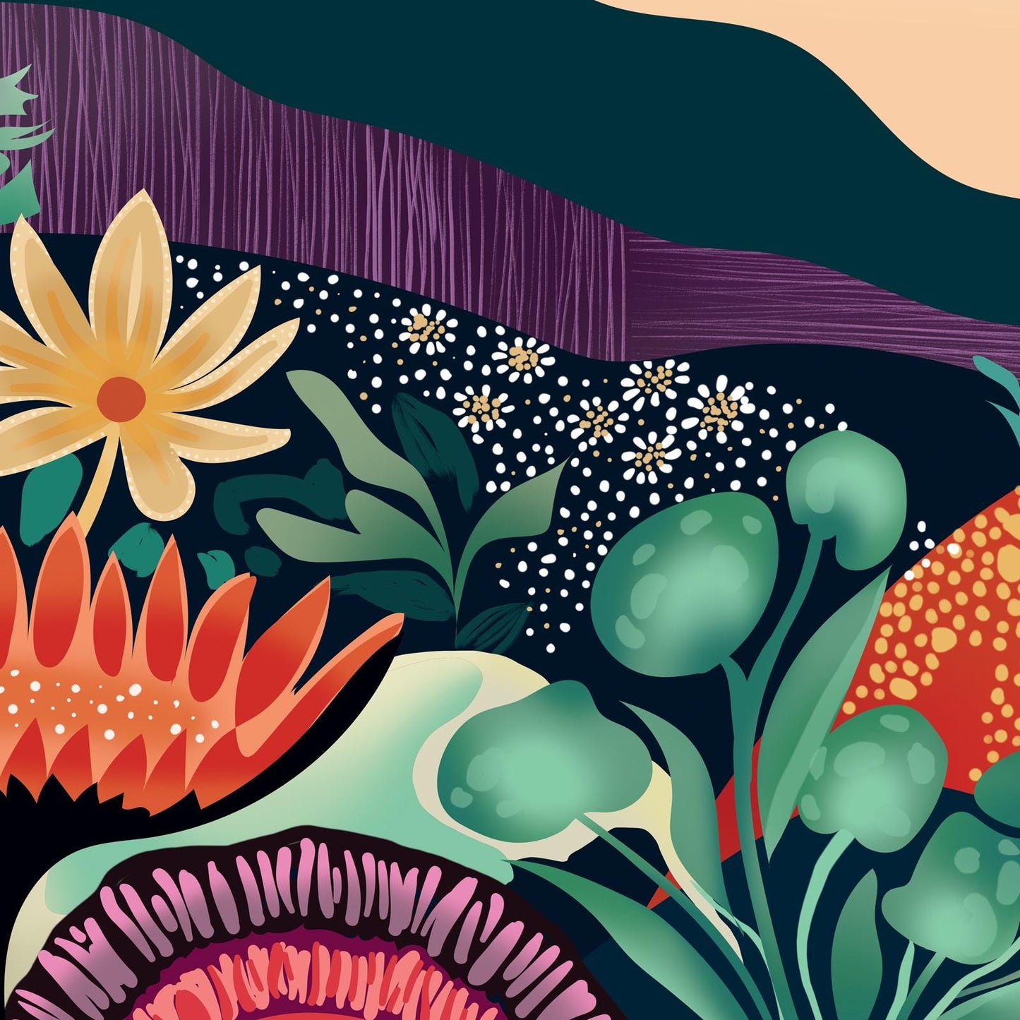 Abstract mountain art with bold floral shapes, dotted patterns, and vibrant colors