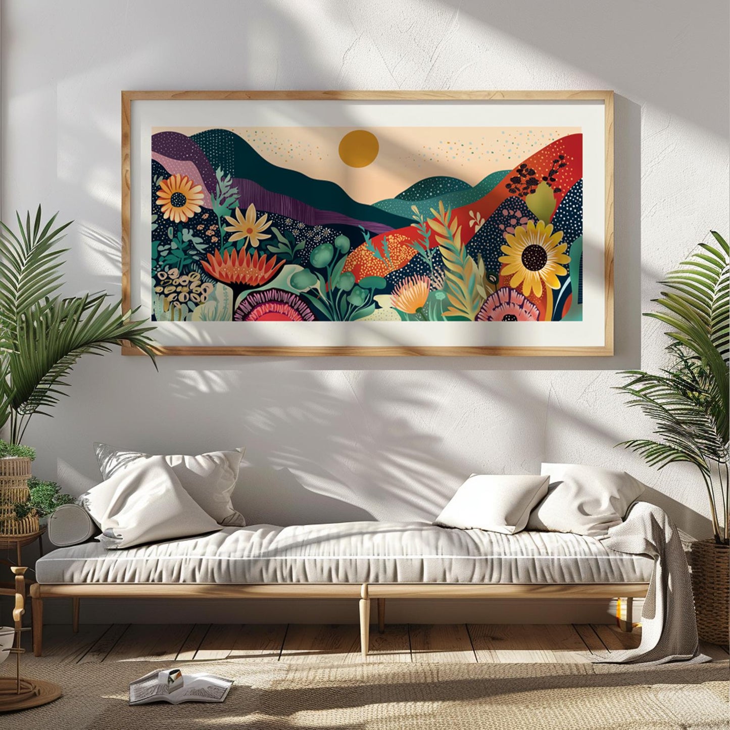 Framed panoramic print with abstract floral mountain design shown above bench for scale