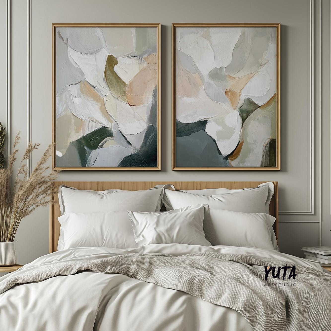 Abstract Neutral Set of 2 Pieces, Beige Gray Neutral Art Print, Modern Brush Stroke Wall Art, Minimalist Nordic Room Decor, Above Bed Art