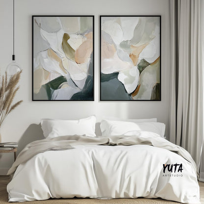 Abstract Neutral Set of 2 Pieces, Beige Gray Neutral Art Print, Modern Brush Stroke Wall Art, Minimalist Nordic Room Decor, Above Bed Art
