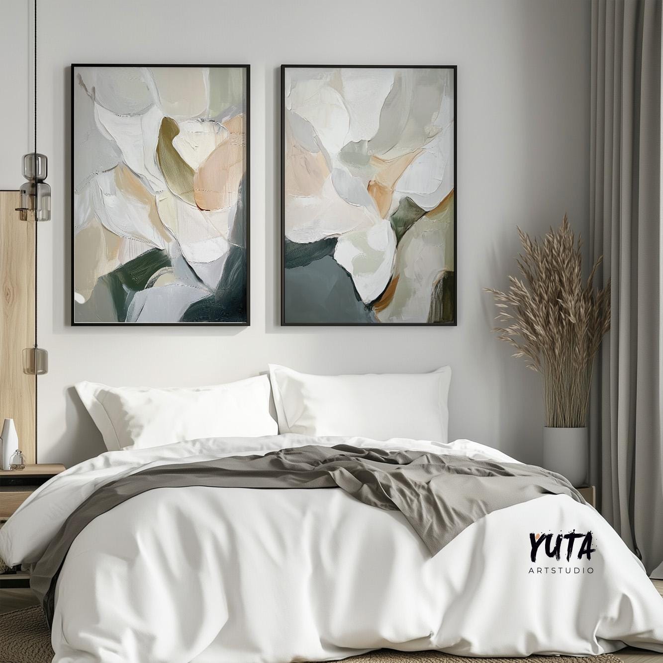 Abstract Neutral Set of 2 Pieces, Beige Gray Neutral Art Print, Modern Brush Stroke Wall Art, Minimalist Nordic Room Decor, Above Bed Art