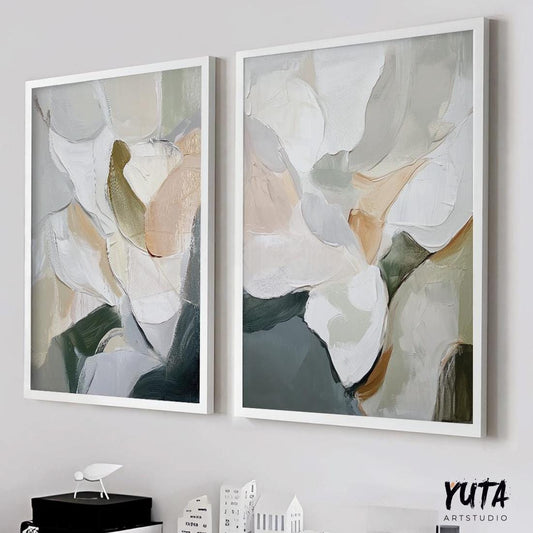Abstract Neutral Set of 2 Pieces, Beige Gray Neutral Art Print, Modern Brush Stroke Wall Art, Minimalist Nordic Room Decor, Above Bed Art