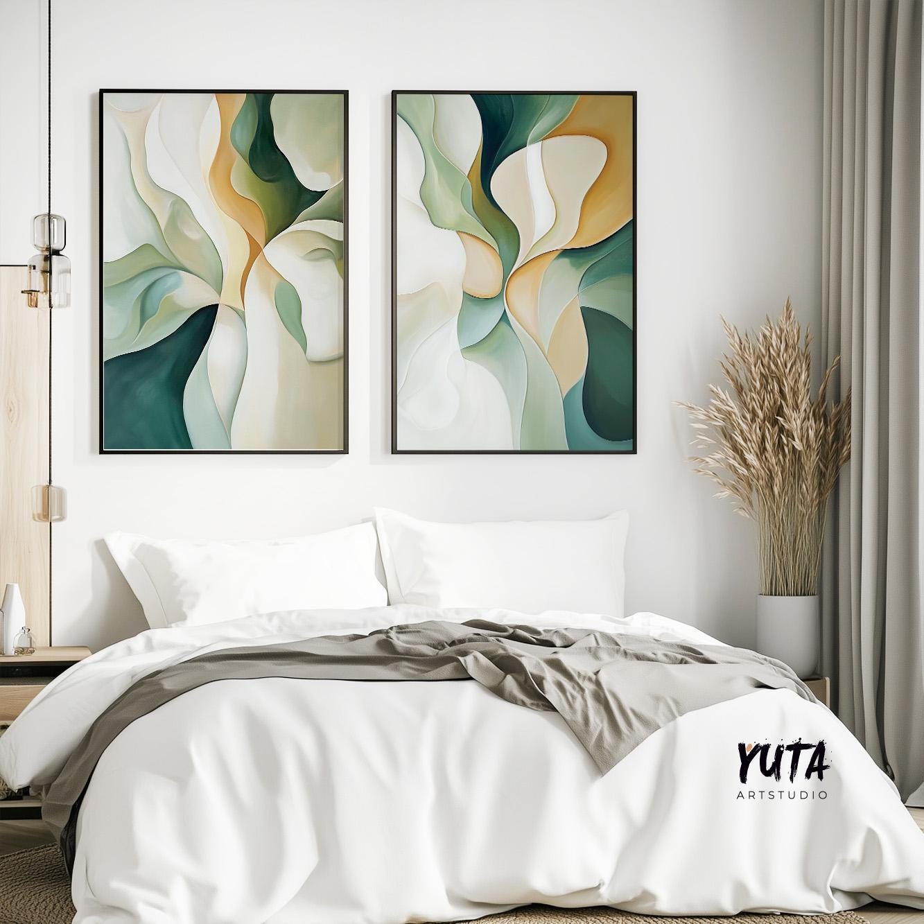 Emerald Green Beige Abstract Wall Art Set of 2 Pieces, Modern Shapes Wall Art, Earth Colors Art, Modern Brush Stroke Abstract Art