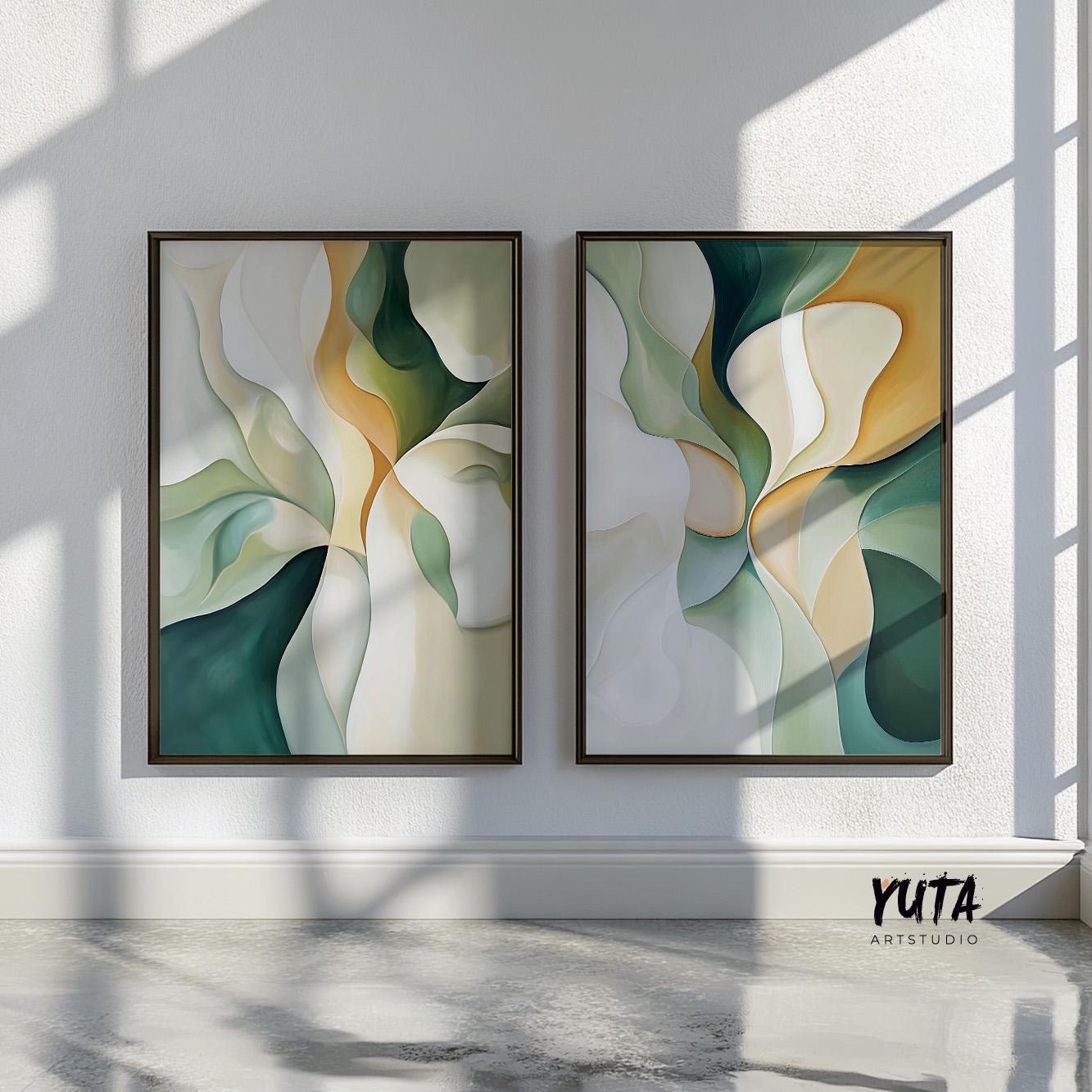 Emerald Green Beige Abstract Wall Art Set of 2 Pieces, Modern Shapes Wall Art, Earth Colors Art, Modern Brush Stroke Abstract Art