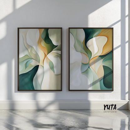 Emerald Green Beige Abstract Wall Art Set of 2 Pieces, Modern Shapes Wall Art, Earth Colors Art, Modern Brush Stroke Abstract Art