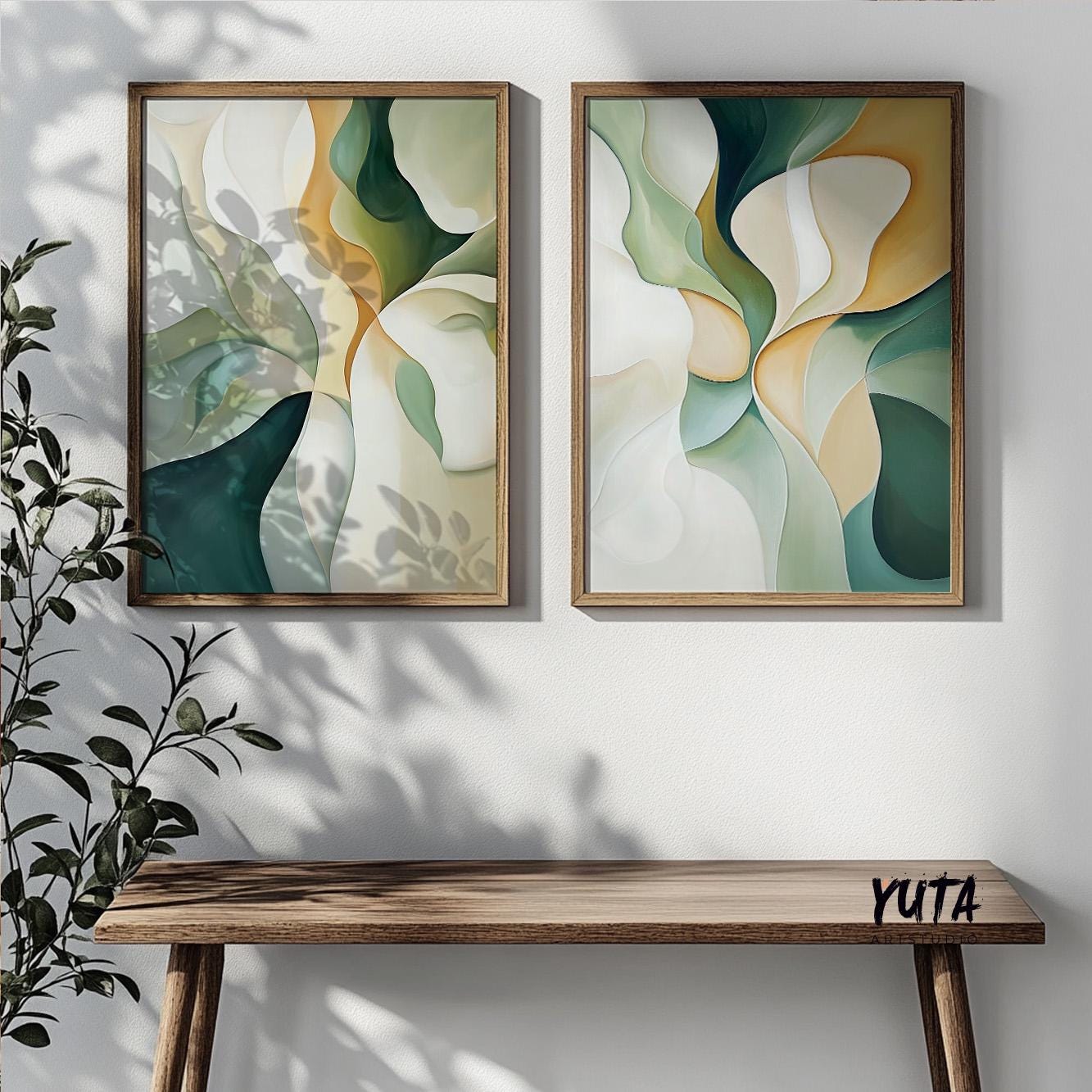 Emerald Green Beige Abstract Wall Art Set of 2 Pieces, Modern Shapes Wall Art, Earth Colors Art, Modern Brush Stroke Abstract Art