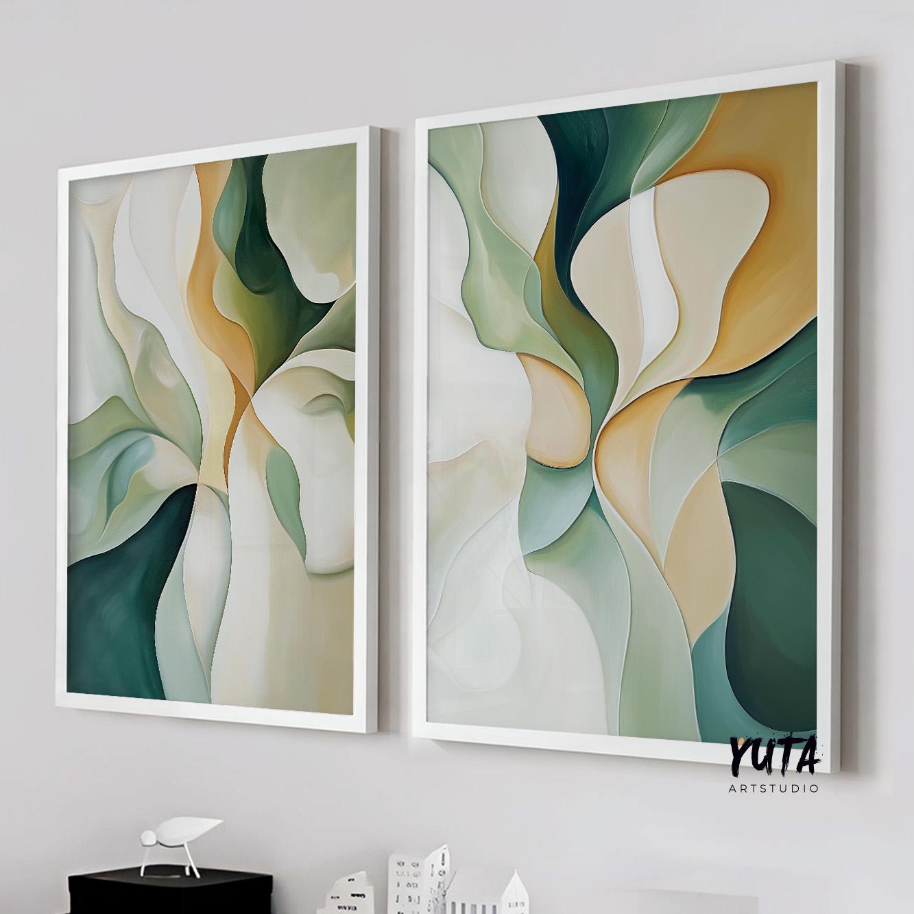 Emerald Green Beige Abstract Wall Art Set of 2 Pieces, Modern Shapes Wall Art, Earth Colors Art, Modern Brush Stroke Abstract Art