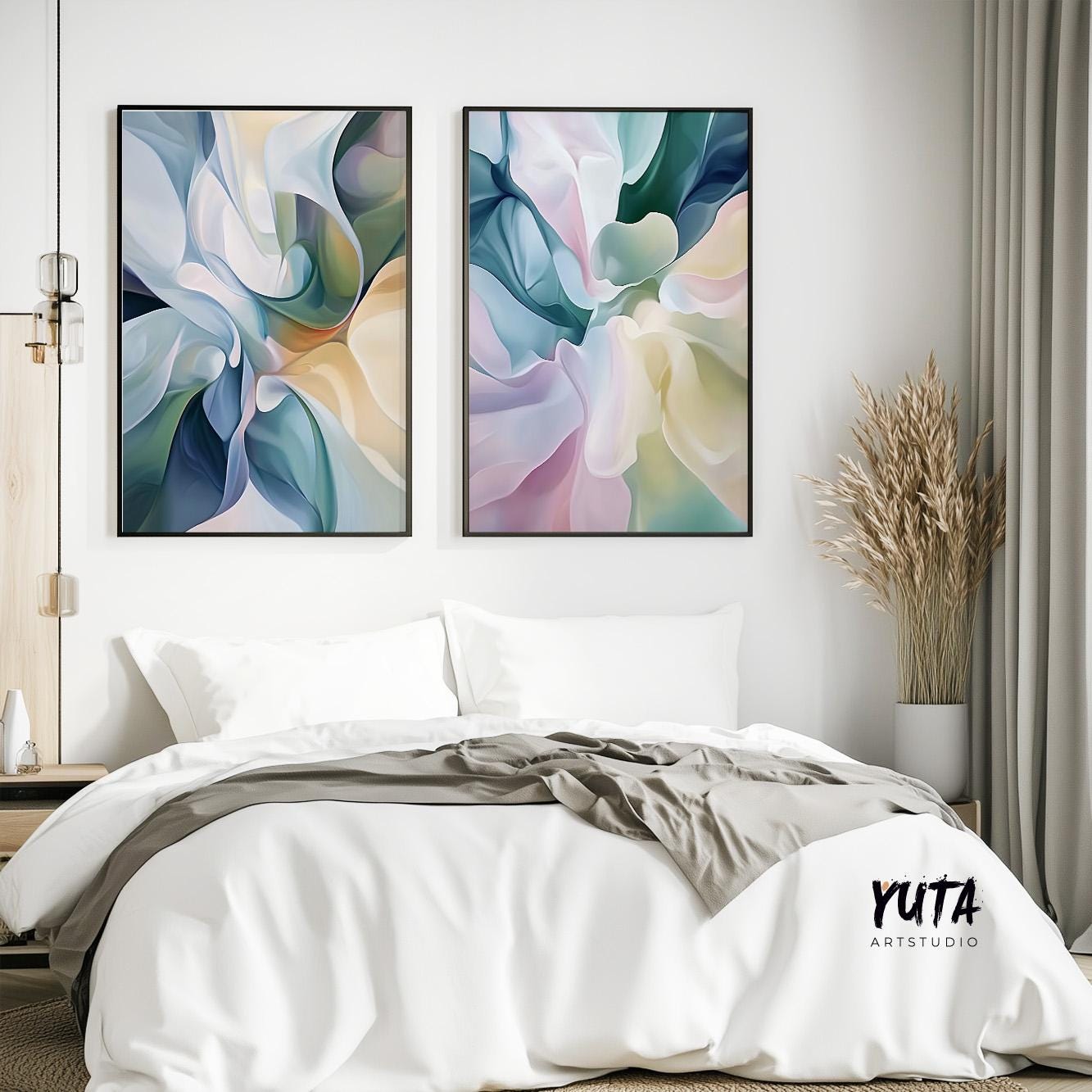 Pink Blue Abstract Wall Art Set of 2 Prints, Modern Abstract Poster, Pastel Nordic Prints, Brush Stroke Shapes Wall Art, Japandi Wall Art