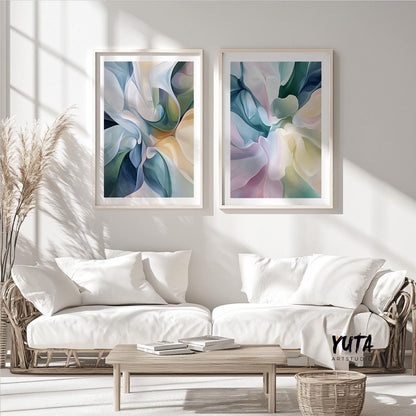 Pink Blue Abstract Wall Art Set of 2 Prints, Modern Abstract Poster, Pastel Nordic Prints, Brush Stroke Shapes Wall Art, Japandi Wall Art