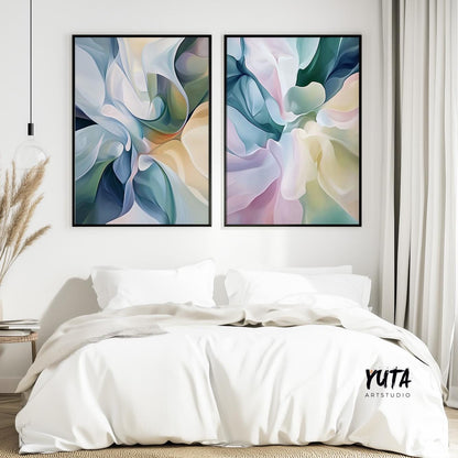 Pink Blue Abstract Wall Art Set of 2 Prints, Modern Abstract Poster, Pastel Nordic Prints, Brush Stroke Shapes Wall Art, Japandi Wall Art