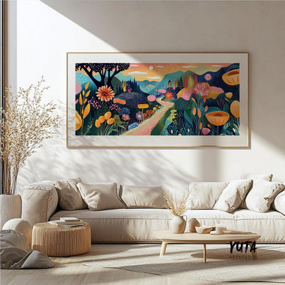 Botanical landscape artwork in a modern frame displayed above a beige sectional sofa