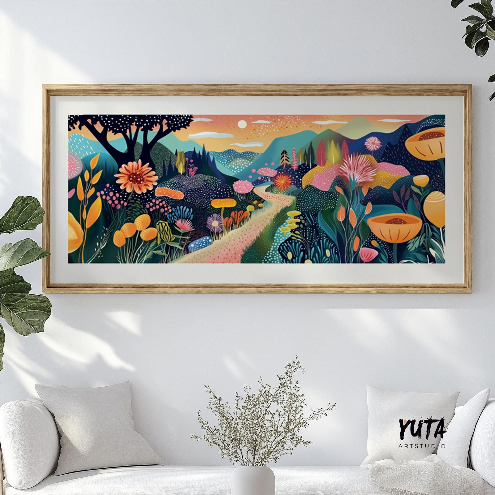 Framed whimsical floral landscape print above sofa, shipped flat and unframed.