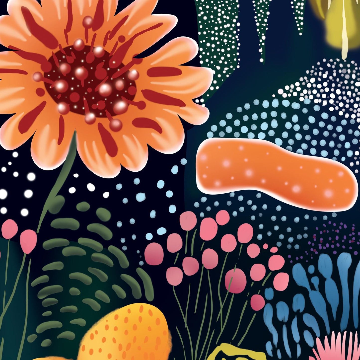 Bold botanical illustration featuring vibrant abstract flowers and dotted patterns