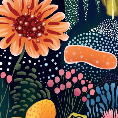 Bold botanical illustration featuring vibrant abstract flowers and dotted patterns
