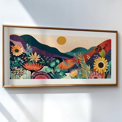 Colorful abstract mountain landscape with floral motifs in a gold frame, sunlight streaming in