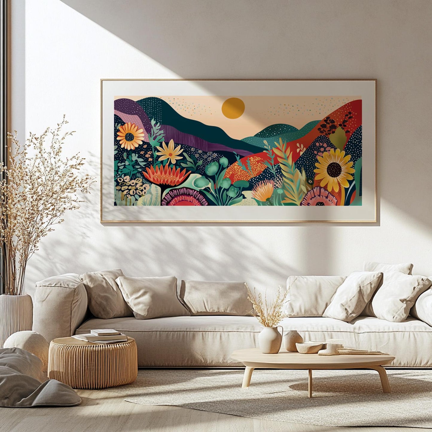 Colorful abstract mountain and floral artwork in a light wood frame above a beige sofa