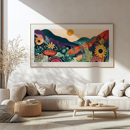 Colorful abstract mountain and floral artwork in a light wood frame above a beige sofa
