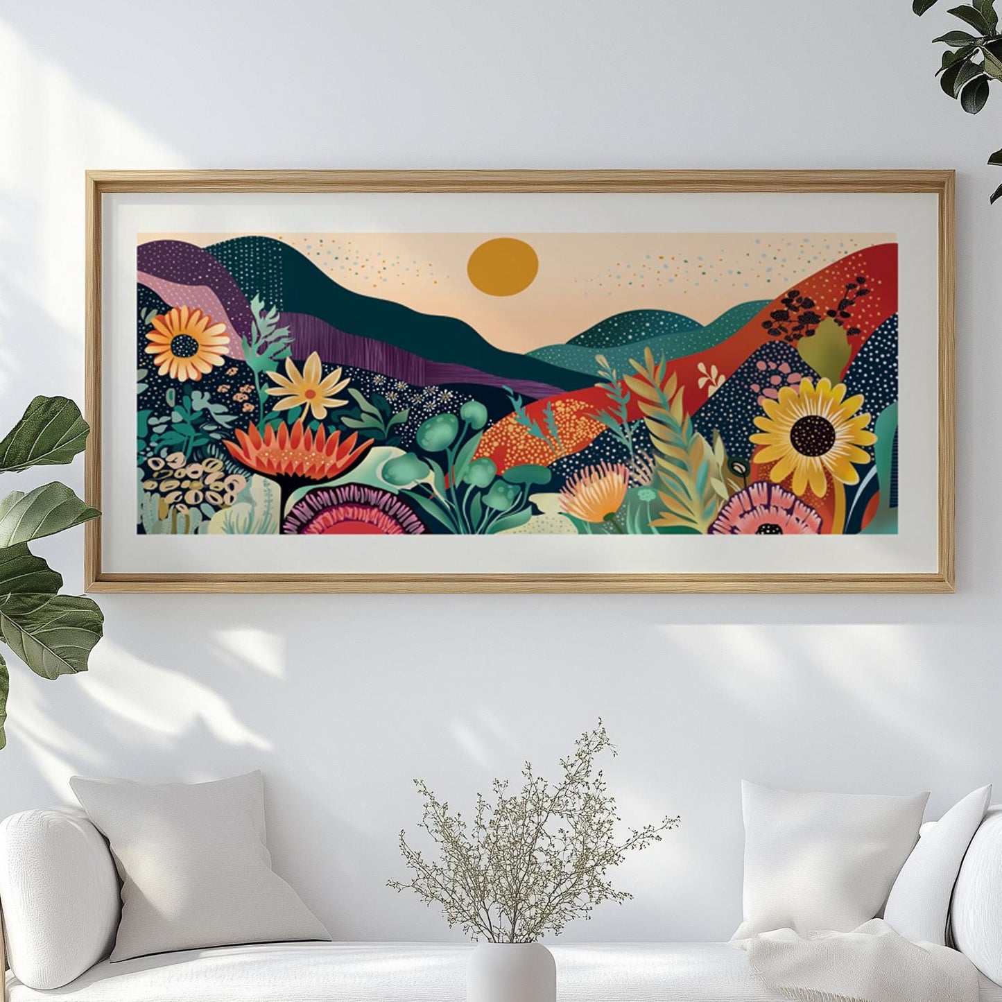 Colorful abstract mountain and floral artwork in a light wood frame above a white sofa