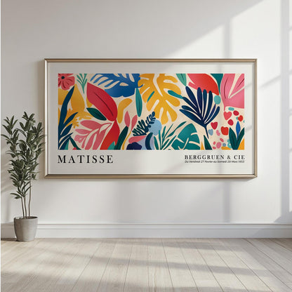 Colorful abstract leaf poster in a slim gold frame, ready for shipment without matting