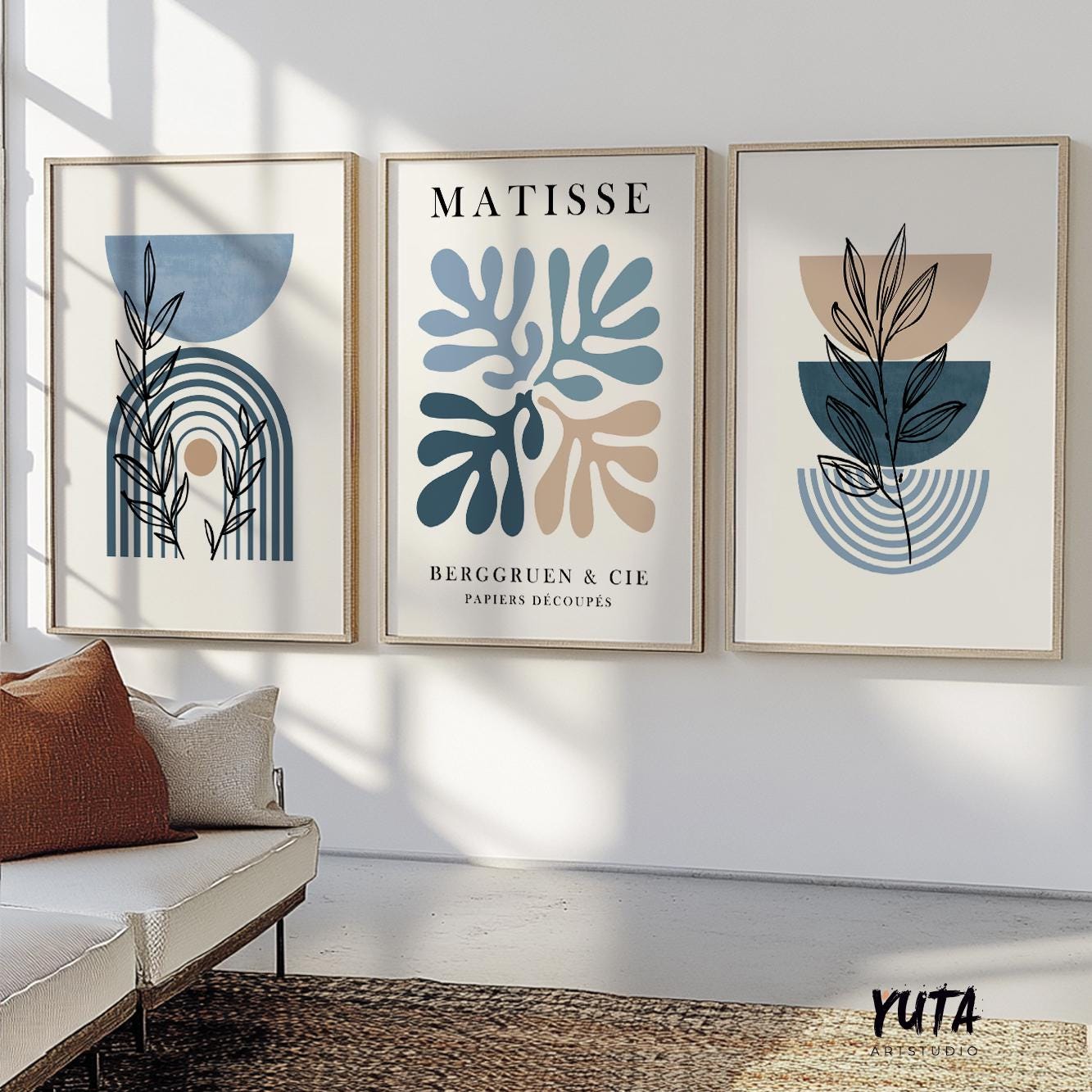 Blue and beige abstract botanical art set of three framed prints in mid-century style