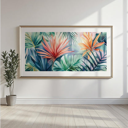 Framed panoramic artwork with watercolor tropical leaves displayed on a sunlit wall