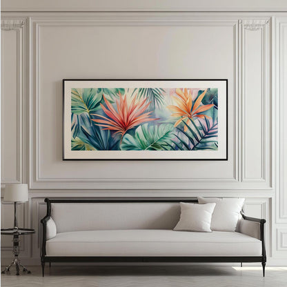 Framed panoramic tropical leaf artwork centered above a classic upholstered sofa