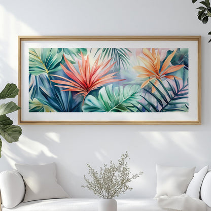Framed panoramic tropical leaves artwork displayed above a white sofa in natural light